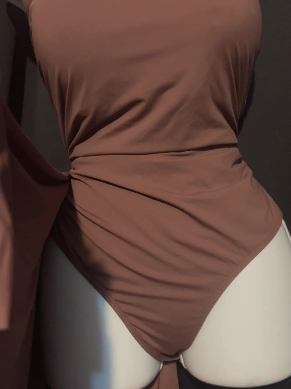 Ada One-Shoulder Knot-Waist Dress in Mauve-Brown